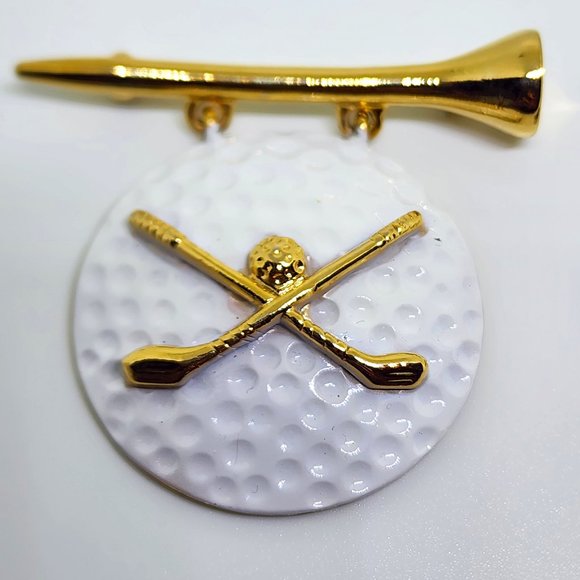 Vintage AJC Goldtone Golf Tee with White Enamel Golf Ball Cross Clubs Pin Brooch - Picture 3 of 7